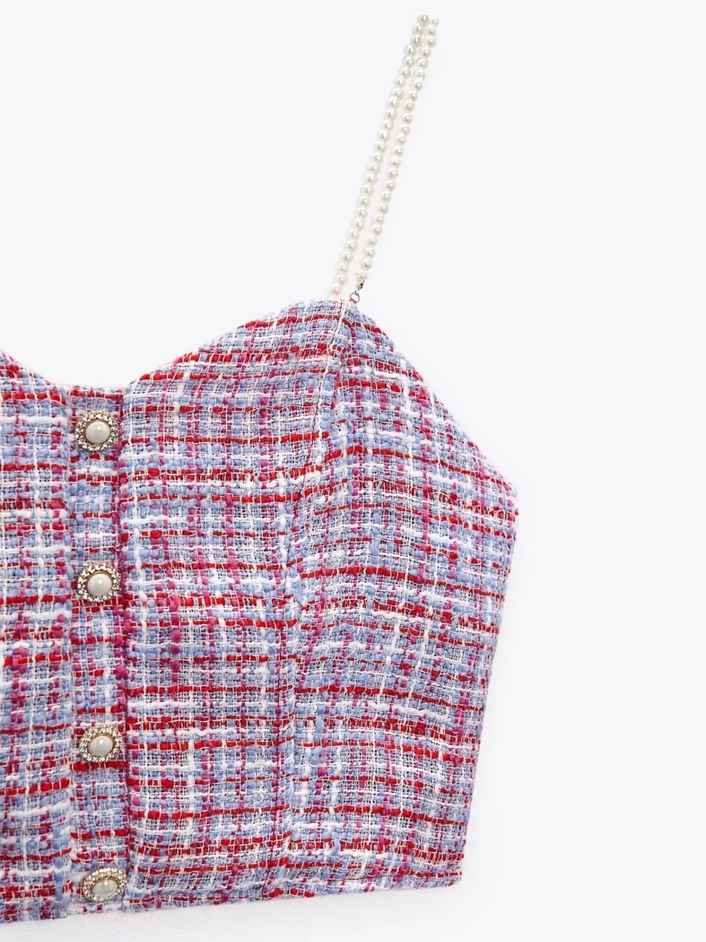 Zara Tweed Corset Crop Top with Pearl Straps Red Blue